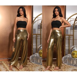 heipeiwa Women's Metallic Wide Leg Palazzo Pants Rib Pleated Smocked Waist Party Club Sequin Slacks Pant