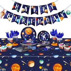 Outer Space Birthday Party Supplies Serve 24 Space Party Tableware Set Including Happy Birthday Banner Solar System Tablecloth Paper Plates Cups Napkins Knives Forks Spoons for Kids Party Decoration