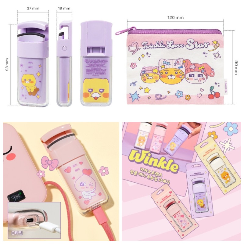 KAKAO FRIENDS Winkle Mini Heating Eyelash Curler 1ea(+Pouch), Option:Apeach