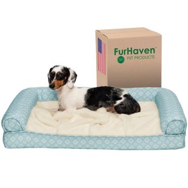 Furhaven Cooling Gel Dog Bed for Medium/Small Dogs w/ Removable Bolsters & Washable Cover, For Dogs Up to 35 lbs - Plush & Diamond Print Nest Top Sofa - Aqua, Medium