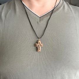 Wooden Cross Necklace, Olive Wood Cross Necklace Hand Carved in the Holy Land with Jesus Name Carved in the Middle, Wooden Cross Necklace for Men, Religious Jewelry for Women Catholic