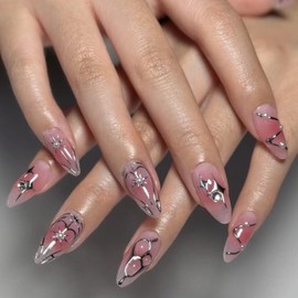 24Pcs Pink Blush Press on Nails Medium Almond Fake Nails with 3D Small Pearl Flame Star Designs Pointed Almond False Nails Silver Glitter French Fingertips Full Cover Stick on Nails for Women Manicure