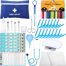 Newtay 62 Pcs Puppy Kitten Whelping Kit Include 4 Puppy Feeding Tube, 6 Charts, 15 Whelping Collars 15 Cord Clamps 15 Pee Pads Bulb Aspirator Syringe Bottle Scissors Stethoscope Bag Digital Pet Scale