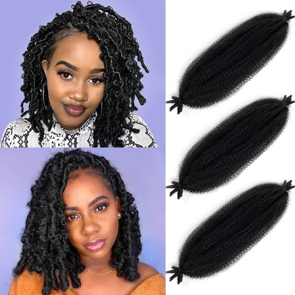 Marley Twist Braiding Hair 16 Inch Springy Afro Twist Hair 3 Packs Kinky Twist Hair for Braiding Pre Fluffed Spring Twist Hair Black Synthetic Curly Braiding Hair Extensions for Black Women
