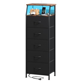 Somdot Black Nightstand with Charging Station and LED Light for Bedroom, Tall 5 Drawers Dresser with Fabric Bins for Bedside Kids Dorm Room Closet Laundry Entryway, Black Rustic Brown