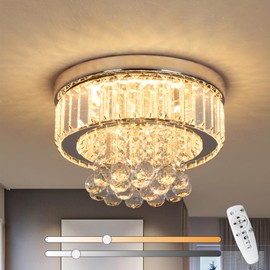 Kadomm Dimmable Crystal Chandelier, 11 Inch LED Flush Mount Ceiling Light Chandeliers for Bedroom Modern Raindrop Chandelier Light Fixture for Living Room Hallway Dining Room (Remote Control)