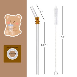 Glass Drinking Straws with Decorative Red Charms, 8 inch, Set of 4 with Cleaning Brush