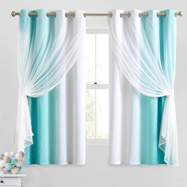 Geomoroccan 100% Blackout Curtains with Sheer Overlay Mix and Match Double Layer Drapes 63 Inch Length 2 Panels for Boys Bedroom Living Room Teal White Ombre Grommet Window Treatment with Tiebacks
