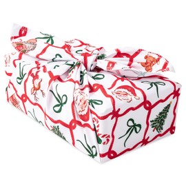 RUSPEPA 26" Reusable Christmas Cloth Wrap, 1 Fabric Wrap with Santa, Bear, Candy Cane, Bow, Gingerbread House Design on Natural Cotton, Cute Reusable Wrapping for Holiday Party, Winter Gifts