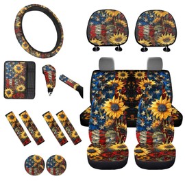 STUOARTE Sunflower American Flag Printed Car Interior Covers Set, Universal Front Rear Seat Cover with Steering Wheel Cover Armrest Cover Seat Belt Cover Gear Shift Knob Cover Handbrake Cover, 16 Pcs
