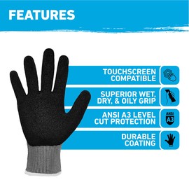 Gorilla Grip A3 Cut Resistant Work Gloves, Touschreen Compatible Safety Gloves, Breathable, Nitrile Coated, Grey - Large (12 Pack)