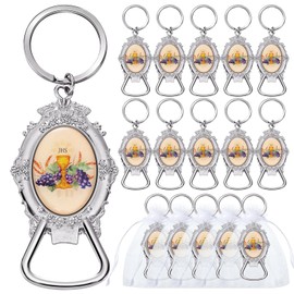 Misdary 12 Pcs First Communion Bottle Opener Keychains Baptism Party Favors Memory Gift Recuerdos De Bautizo Key Ring Gift with Organza Bag Baby Shower Christian Religious Gift for Guest