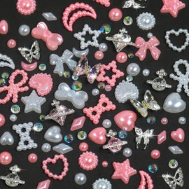 DZHILHMX Assorted Nail Charms - 3D Multi Shapes Size, Flat Back Rhinestones, Planet, Butterfly, White Pink Pearl, Bow, with Kit, for Nail Art