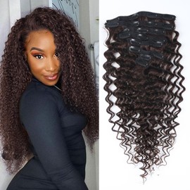 Clip-in-Haarverlängerungen, Echthaar, 35 cm, Echthaar-Extensions für Frauen, doppelte Tresse, nahtlos, brasilianische tiefe Welle, 8 Stück, 100 g, 20 Clips, Dunkelbraun