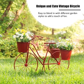 glitzhome 28.75" L Metal Bicycle Plant Stand Hand Painted Standing Planter Flower Holder Indoor Outdoor Home Garden Patio Decor,Red