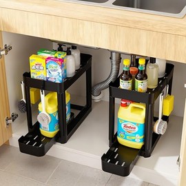 Ribelli Set of 2 Kitchen Organisers, Organiser with Pull-Out Drawer, 40 x 22 x 33.8 cm, Sink Organiser with 8 Hooks, Storage for Kitchen and Bathroom, Black