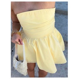 MakeMeChic Women's Summer Elegant Strapless Mini Dress with Bow Ruched Ruffle A Line Bandeau Party Mini Dress Yellow Small