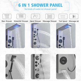 BWE 6 IN 1 Shower Panel Tower Syatem,LED Rainfall Waterfall Shower Head,4 Massage Body Jets,Handhels Shower Sprayer and Waterfall Tub Spout,Stainless Steel Shower Panel Wall Mounted