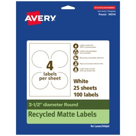 Avery EcoFriendly Matte White Recycled Round Labels, 3.5" Diameter, Print-to-The-Edge, Matte White Labels, Permanent Label Adhesive, Laser/Inkjet, 100 Printable Labels