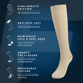 FITAURA Compression Socks for Women & Men | 15-20mmHg Support Stockings for Flight, Travel, Sports, Running | Graduated Compression for Calf & Ankle Circulation | 1 Pair L/XL Beige