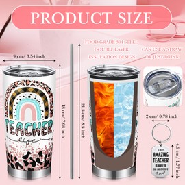 Sliner 4 Pcs Teacher Appreciation Gifts for Christmas Teacher Tote Bag for Women Teacher Gift Basket 20 oz Insulated Tumbler Rainbow Canvas Makeup Bag Keychain Unique Gifts for Teacher(Cute Style)