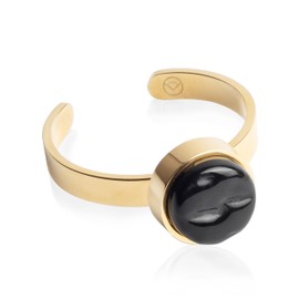 Goldring mit Stein in schwarz • Offener Edelstahlring • 18k vergoldeter Edelstahl & recyceltes Glas • nachhaltiger Halbedelstein-Look • größenverstellbar (min. Ø 16 mm)