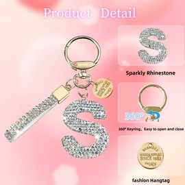 White Rhinestone Initial Letter keychain for women cute bling car accessories (S-White)