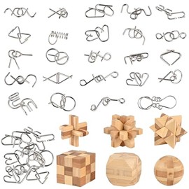 GOLDGE 30pcs Brain Teaser Puzzle Set for Adults & Kids | Wooden & Metal 3D Puzzles, IQ Logic Games for Family, Parties & Coffee Breaks. Unlock & Solve