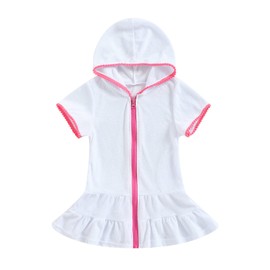 HKYFNNBW-Kids Toddler Girl Swim Cover Up Dress Zipper Hooded Swim Dress Short/Long Sleeve Ruffle Coverups Bathing Suit Swimwear (White, 5-6 Years)