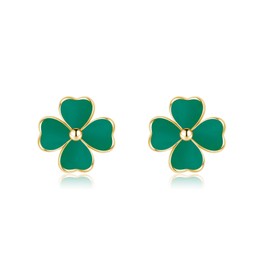 Reffeer Solid 925 Sterling Silver Green Clover Stud Earrings for Women Teens Clover Leaf Earrings Stud Shamrock Earrings (B-Gold)