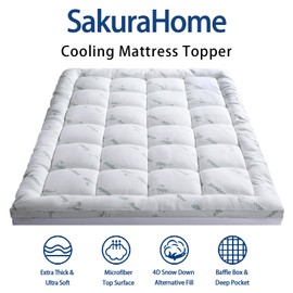 Mattress Topper Short Queen RV Size, Cooling Extra Thick Breathable Viscose Made from Bamboo Mattress pad, Soft Quilted Fitted Mattress Cover with 1000 GSM Down Alternative Fill (8-21”Deep Pocket)