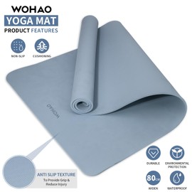 WOHAO Non-Slip Yoga Mat, Extra Thick 8mm，72" x 32" Large Exercise Mat, Non-Toxic & Odorless, Durable with Carrying Strap for Yoga, Pilates, Home Gym (Haze Blue)