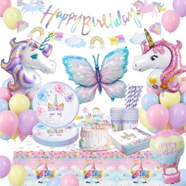 yosiio Unicorn Party Decorations, Unicorn Birthday Decoration Set, Children's Unicorn Party Tableware With Unicorn Balloons for Girls Birthday Unicorn Theme Party Supplies 16 Guests
