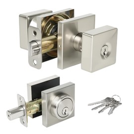 Heavy Duty Square Door Knob with Deadbolt .Front Door Lock Set Exterior Door Lock Set with Deadbolt, Door Knob Set.Brushed Nickel.1pack