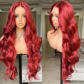 FABÉLLE Soft Red Lace Wig with Wavy Hair for Women, Pre-Stretched Synthetic Lace Wig, 28 Inch Density, 13 x 4 x 1