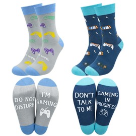 2 pairs Gaming Socks Gamer Gifts Novelty Funny Socks Birthday Present Christmas Gifts Mid Calf Socks for men/husband/gamer/boys (Dark gray and lake blue) one size