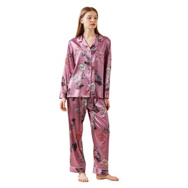 Belle Heure Women’s Silk Satin Classic Long Sleeve Pajamas Button Down Silky Floral Animals Pattern Set Loungewear Sleepwear
