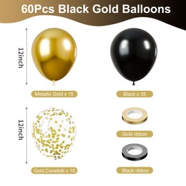 KBZVNAF Black and Gold Latex Balloons - 60 Pack 12 inch Black Metallic Gold Confetti Party Balloons for Birthday, Baby Shower, Wedding, Graduation, New Year Party Decorations