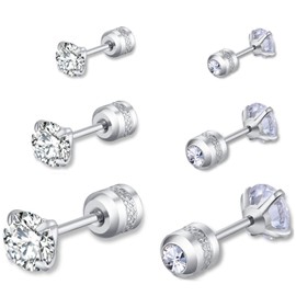3 Pairs Stud Earrings Set for Women Men, Round Cubic Zirconia Studs, Hypoallergenic Double Sided Cubic Zirconia Earrings for Women Men3-5-7mm (Silver)
