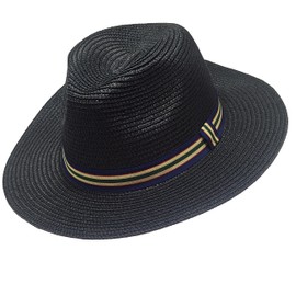 Vera Tucci Black Summer Panama Hat Patterned Ribbon Men Women Unisex Headwear Paper Straw Hat (VTSBSH004-1), Black/Stripe #1