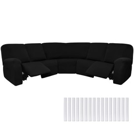 Peryiter 7 Pcs L Shape Sectional Recliner Sofa Covers 5 Seat Sectional Couch Covers Milk Silk Velvet Stretch Reclining Sofa Slipcover Furniture Protector for Living Room(Black,Milk Silk)