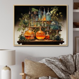 Orange Industrial Natural framed wall art, Laboratories framed wall Art, Scientific Inquiry in Laboratories I, Laboratories framed wall art decor, 44x34 inches Natural brown Frame