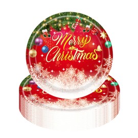 YAAVAAW 16Pcs Christmas Party Paper Plates 23cm,Merry Christmas Tableware Decor Red Snow Xmas Tree Pattern Disposable Paper Plate Xmas Plates for Birthday Christmas Party Supplies Table Decorations