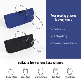 DXYXYO Armless Reading Glasses for Women Men, 2 Pack Mini Thin Legless Nose Clip Readers Compact with Small Portable Case, 1.0 Black and Blue