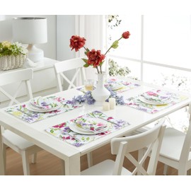Newbridge Spring and Easter Spring Sophia Pom Pom 13 x 19 Inch Rectangle Set of 4 Placemats, Wrinkle and Stain Resistant Pink and Purple Floral Place Mats for Indoor Outdoor Dinner Parties