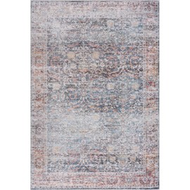 Bloom Rugs Caria Washable Non-Slip 6x9 Rug - Ocean Blue/Brick Traditional Area Rug for Living Room, Bedroom, Dining Room, and Kitchen - Exact Size: 6' x 9'