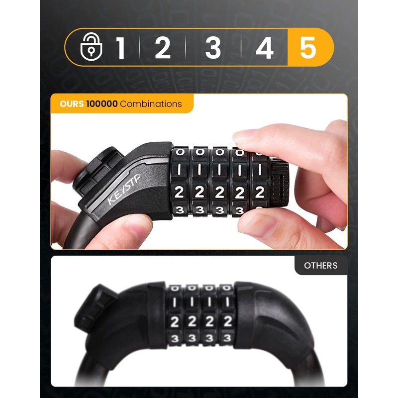 KEYSTP 5-Digit Bike Lock Cable, Heavy Duty Resettable Combination Bicycle