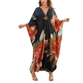 sunforyou Caftans for Women 4XL Black Elegant Moomoo Dresses70s Kaftan Print Colorful Floral Bikini Cover up Lightweight Loungewear(8693-34)