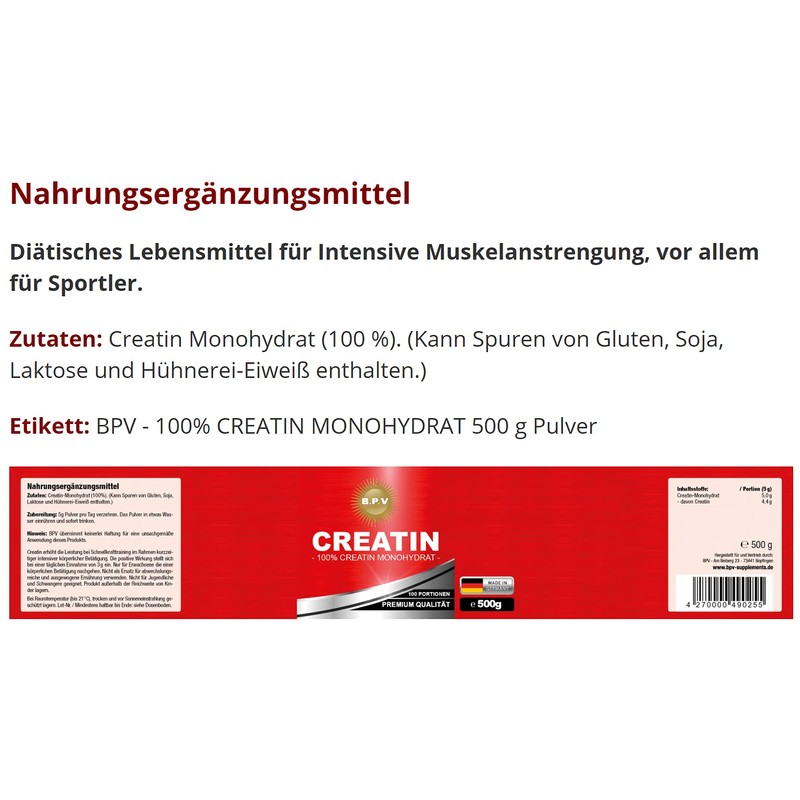 BPV - Creatine Monohydrate 500 g Powder - 100% High