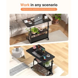 QZMDSM Portable Rolling Desk on Wheels Adjustable Height Desks for Small Spaces, 32" Computer Desk with Storage Shelves for Home Office Black